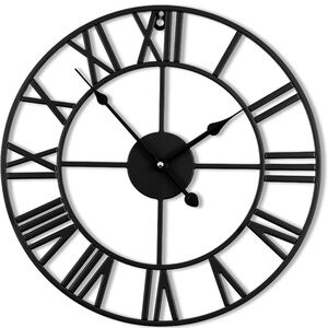 Wall Clock 16”Black Roman NumeralsMetal Clock BatteryOperated Silent Non-Ticking